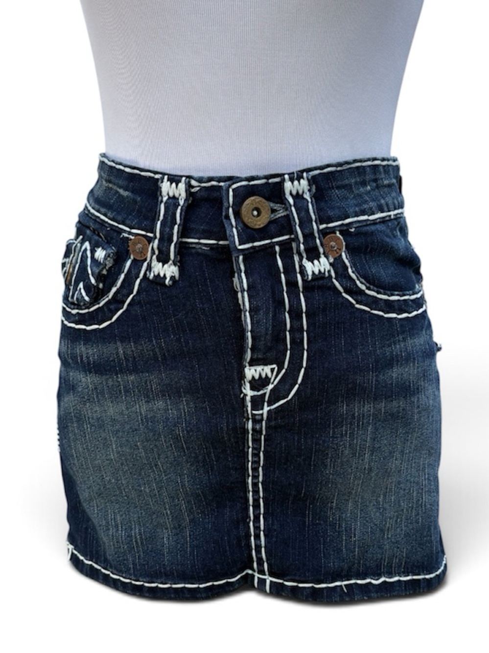 True Religion Dark Blue Denim Mini Skirt with White Contrast Stitching